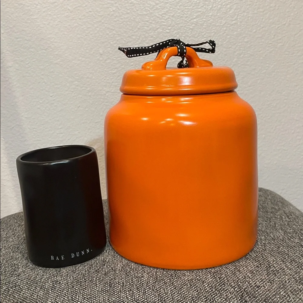 Rae Dunn Halloween set- chubby Candy Corn Canister + Black Witch Candle in cup